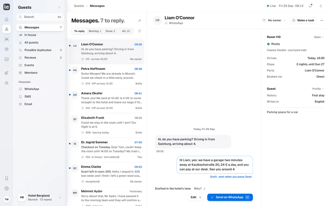 Ein Gäste-Posteingang für WhatsApp, SMS, E-Mail und OTA-Nachrichten, von Gästen und Team geteilt.